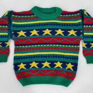 Vintage KIDS Red Blue Green Yellow Made In Great Britain Star Sweater Top Shirt